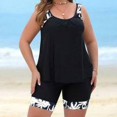 3XL Tankinis Shein Plus Size Wide Strap Round Neck Sleeveless Swimsuit