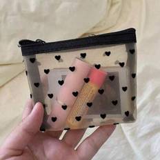 Women Cosmetic Bags Shein Cute Heart Pattern Transparent Mesh Storage Bag