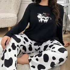 Shein Plus Size Cow Pattern Round Neck Long Sleeve Pants Set