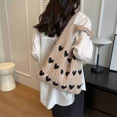 Women Beach Bags Shein Women Casual Holiday Style Color-Blocking Heart Knit Handbag - Color-Blocking
