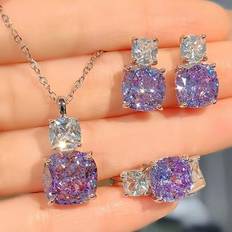 Purple Jewellery Sets Shein New Fashion Lce Flower Cubic Zirconia Bridal Set - Purple