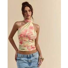 Shein Solid Yellow Floral Ribbon Tie Neck Vacation Tank Top