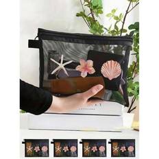 Shein Women's Black Mesh Cosmetic Bag With Starfish And Shell Print