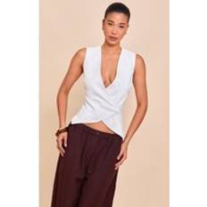 PrettyLittleThing Premium White Linen Blend Button Asymmetric Waistcoat