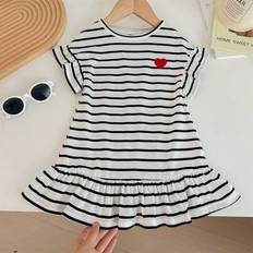 Shein Baby Girl Striped Heart Pattern Knitted Short Sleeve Dress - Spring