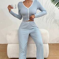 Shein Lace Trim Button Front PJ Set - Pajama