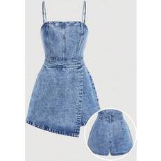 Shein Fitted Bib Denim Romper - Blue