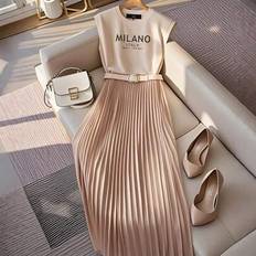 Women Suits Shein Knitted Printed Sleeveless Coordinate Set Apricot Top Pleated Skirt - 2 Pieces