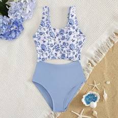 Shein Tween Girls Floral Print One-Piece Swimsuit - Summer