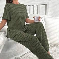 Green Sleepwear Shein Split Hem Tee Trousers Lounge Set