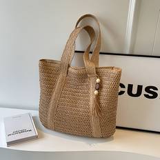 Strandväskor Temu Chic Large Capacity Woven Beach Tote Bag - Vacation Spring