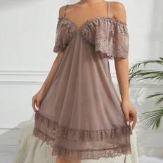 Pink - Women Nightgowns Shein Lace Panel Hollow Out Shoulder Sleep Dress
