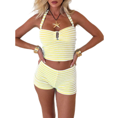 Shein 2Pcs Set Knit Striped Contrast Color Resin Decor Halter Top And Shorts Beach Outfit