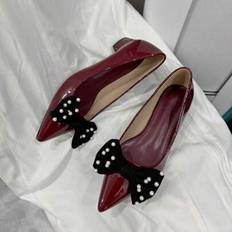 Red Ballerinas Children's Shoes Shein Red Butterfly Faux Pearl Decor Little Girls Flats - Red