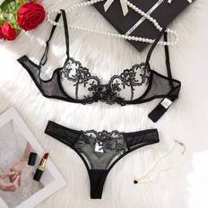 Shein Floral Embroidered Semi-Sheer Bra Set With Adjustable Straps