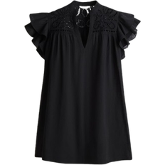 H&M Flutter Sleeve Dress with Broderie Anglaise - Black
