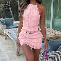 Pink - Women Suits Shein Y2k Mini Backless Tie Up Skirt Set - Beach Outfit