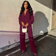Shein Casual Pleated Shirt And Wide Leg Pants Set