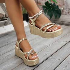 Shein Gold Beaded Floral Rhinestone Ankle Strap Wedge Sandals - Open Toe