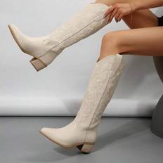Shein Vintage High-Top Linen Embroidered Western Cowboy Boots - Women