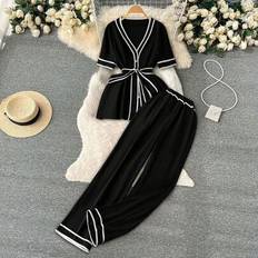 Shein Plus Size Women Contrast Piping Belted Blouse Wide Leg Pants - Summer
