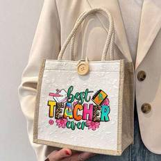 Fabric Tote Bags Shein Ever Letter Flower Print Linen Tote Bag - Double Handle