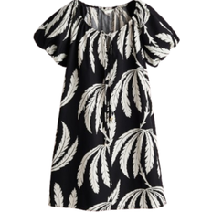 H&M Drawstring-Neck Dress - Black/Leaf-Patterned