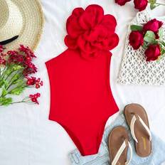 Girls - Red Bodysuits Shein Tween Girl Solid Color Asymmetric Shoulder 3D Flower Decorate - Red