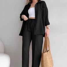 Shein 2pcs Women Set With Front Buttoned Long Sleeve Top And Tied Long Pants, Solid Color