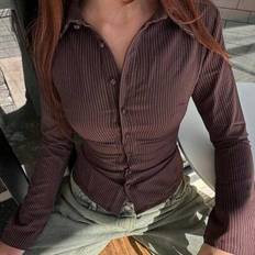 Shein Casual Striped Button Front Shirt Long Sleeve - Brown
