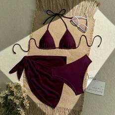 Bikini Sets Shein 3-Piece Women Set Solid Color Halter Tie Back Crop Top - Color