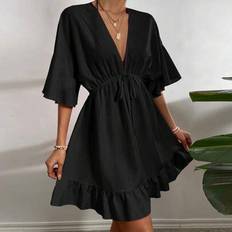 Shein Solid Ruffle Hem Tie Front Cover Up - Beach