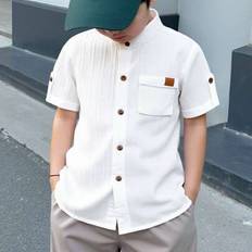 White Shirts Shein Young Boys Textured White Short Sleeve Stand Collar Shirt - White