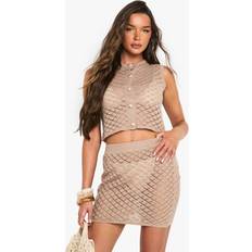 Women Suits boohoo Womens Crochet Button Detail Crop Top Mini Skirt - Brown