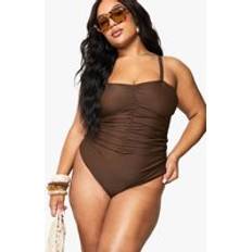 Brown Swimsuits boohoo Plus Tummy Control Ruched Front Swimsuit - Brown