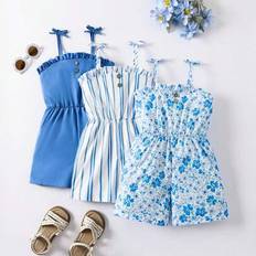 Shein Young Girl Blue Striped Floral Print Tie Jumpsuit
