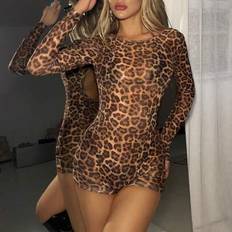 Leopard - Women Shapewear & Under Garments Shein Sexy Vintage Leopard Print Mesh Bodysuit - Long Sleeve