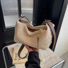 Beige Beach Bags Shein Fashionable Summer Straw Woven Vintage Chain Zipper Shoulder Bag - Beige