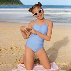 Shein Tween Girls Striped Swimsuit Blue Striped