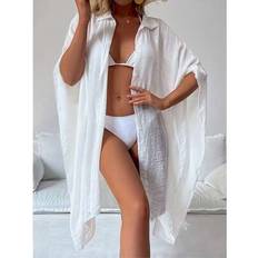 White - Women Swimsuit Cover-Ups & Sarong Wraps Shein Summer Batwing Three Quarter Sleeve Cover-Up Blouse - White