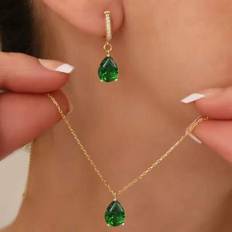 Green Jewellery Sets Shein Elegant Fashionable Green Crystal Necklace Earrings Set - Daily