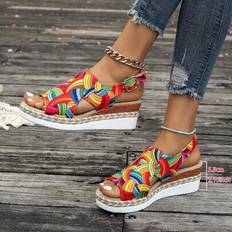 Canvas Heeled Sandals Shein Colorful Graffiti Adjustable Heel Wedge Sandals - Woven Detail
