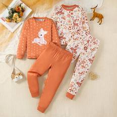 Orange Night Garments Shein Young Girl Coral Orange Base Cute Deer Floral Pants - Coral Orange