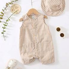12-18M Playsuits Children's Clothing Shein Baby Boy Girl Summer Apricot Striped Sleeveless Romper Bucket Hat Set - Colorful
