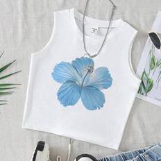 Blue Tank Tops Children's Clothing Shein Tween Girl Floral Pattern Sleeveless Neck Tank Top - Blue