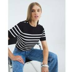 River Island T-shirts River Island Womens Black Striped Button Detail Knitted T-Shirt