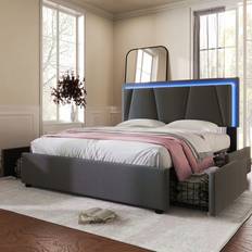 Electronic Frame Beds ModernLuxe Adulte 2 Tiroirs Et LED 160x200 cm Gris Lit avec Cadre