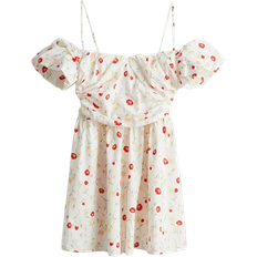 H&M Draped Open Shoulder Dress - White/Floral