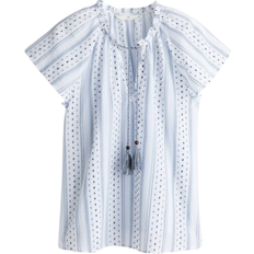 H&M Drawstring-Detail Cotton Blouse - White/Blue Striped