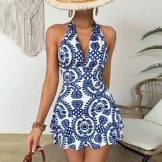 Shein Vintage Blumenmuster Jumpsuit Damen Halterneck Offenem Rücken